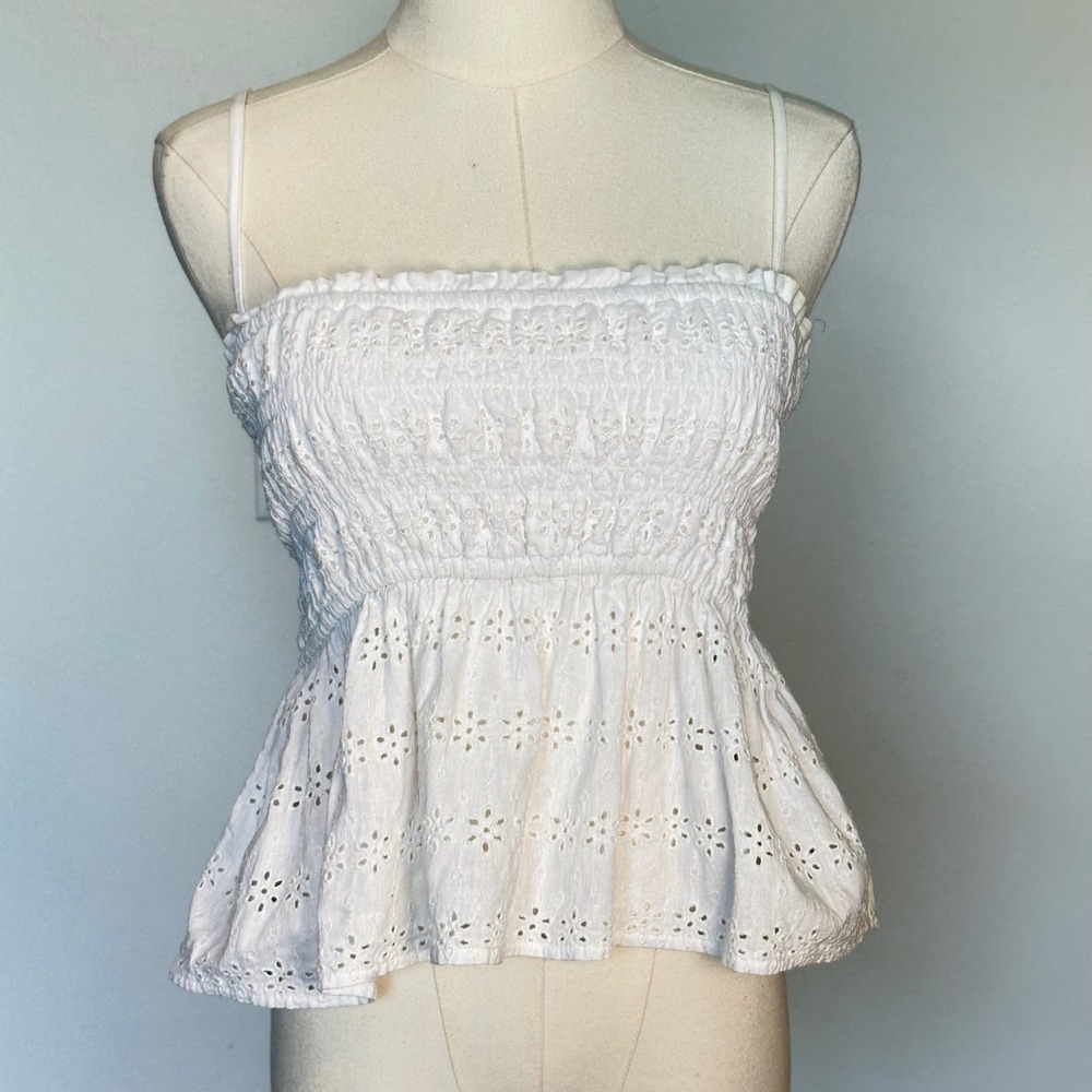 American Eagle Peplum Top Womens XS Smocked White Linen Milkmaid Cottagecore